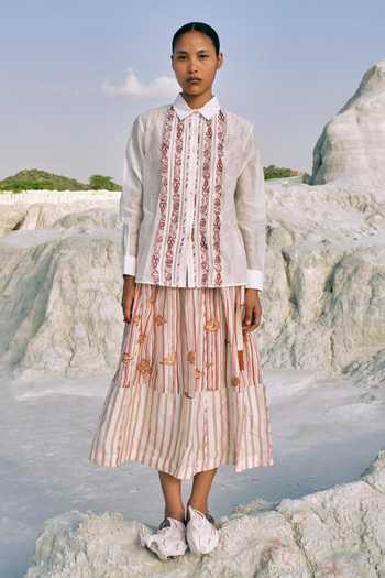 Buy_Ahmev_Red Cotton, Chanderi Embroidery, Lace Collared Lwin Classic Shirt _at_Aza_Fashions