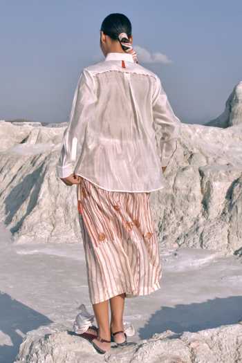 Shop_Ahmev_Red Cotton, Chanderi Embroidery, Lace Collared Lwin Classic Shirt _at_Aza_Fashions