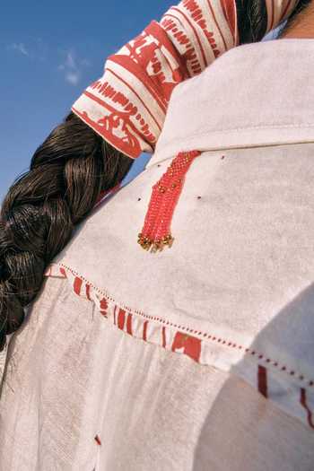 Shop_Ahmev_Red Cotton, Chanderi Embroidery, Lace Collared Lwin Classic Shirt _Online_at_Aza_Fashions