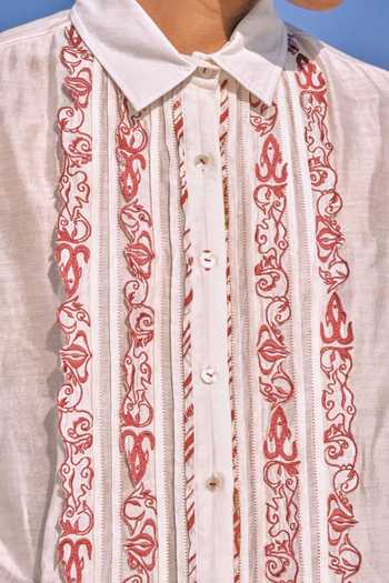 Ahmev_Red Cotton, Chanderi Embroidery, Lace Collared Lwin Classic Shirt _at_Aza_Fashions