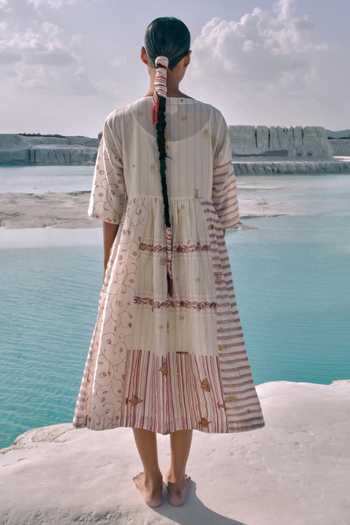 Shop_Ahmev_Gold Cotton, Chanderi Embroidery, Beads, Lace, Patchwork Boat Neck Yati Dress _at_Aza_Fashions