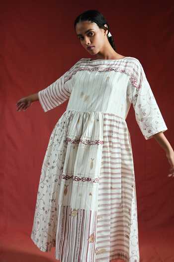 Ahmev_Gold Cotton, Chanderi Embroidery, Beads, Lace, Patchwork Boat Neck Yati Dress _Online_at_Aza_Fashions