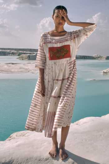Buy_Ahmev_Gold Cotton, Chanderi Embroidery, Beads, Lace, Patchwork Boat Neck Yati Dress _Online_at_Aza_Fashions