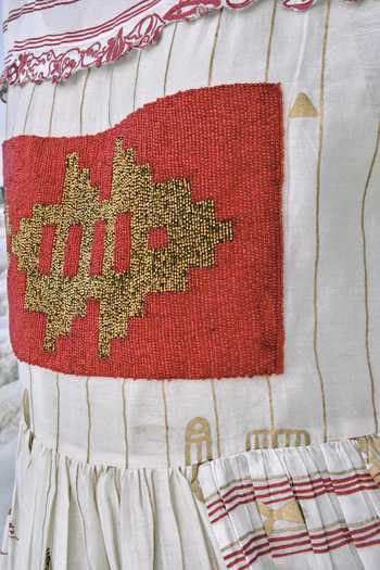 Shop_Ahmev_Gold Cotton, Chanderi Embroidery, Beads, Lace, Patchwork Boat Neck Yati Dress _Online_at_Aza_Fashions