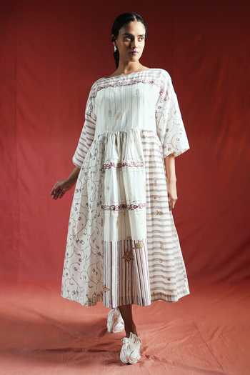 Buy_Ahmev_Gold Cotton, Chanderi Embroidery, Lace Boat Neck Yuni Patch Dress _at_Aza_Fashions