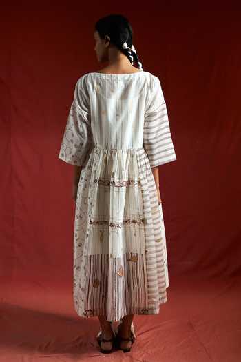 Shop_Ahmev_Gold Cotton, Chanderi Embroidery, Lace Boat Neck Yuni Patch Dress _at_Aza_Fashions