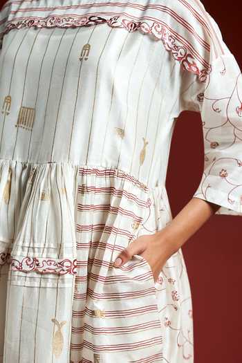 Shop_Ahmev_Gold Cotton, Chanderi Embroidery, Lace Boat Neck Yuni Patch Dress _Online_at_Aza_Fashions
