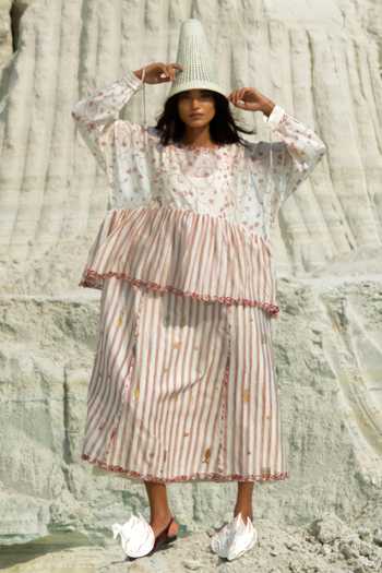 Ahmev_Ivory Cotton, Chanderi Embroidery, Tassels Round Neck Hintha Gathered Dress _Online_at_Aza_Fashions