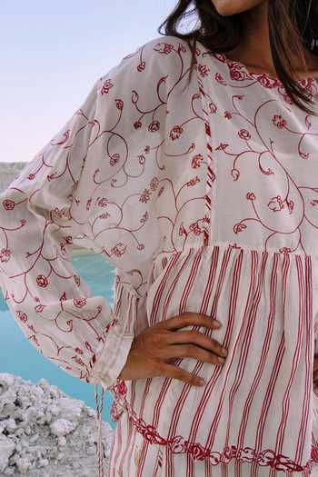 Buy_Ahmev_Ivory Cotton, Chanderi Embroidery, Tassels Round Neck Hintha Gathered Dress _Online_at_Aza_Fashions