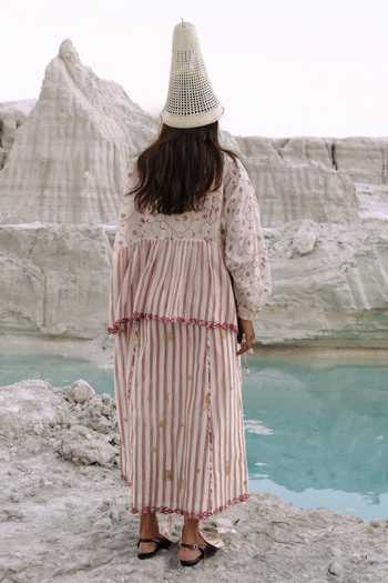 Shop_Ahmev_Ivory Cotton, Chanderi Embroidery, Tassels Round Neck Hintha Gathered Dress _at_Aza_Fashions