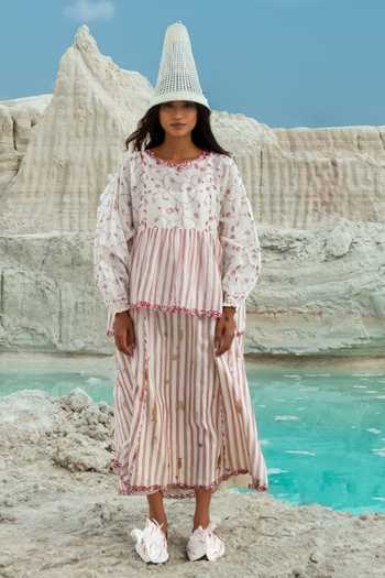 Buy_Ahmev_Ivory Cotton, Chanderi Embroidery, Tassels Round Neck Hintha Gathered Dress _at_Aza_Fashions