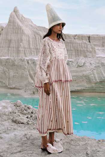 Shop_Ahmev_Ivory Cotton, Chanderi Embroidery, Tassels Round Neck Hintha Gathered Dress _Online_at_Aza_Fashions