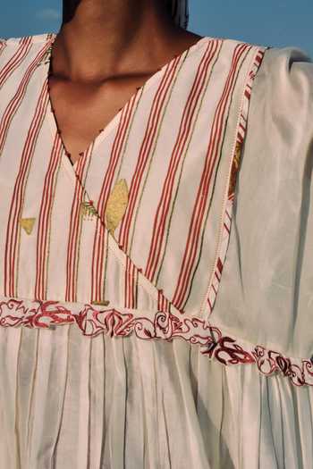 Ahmev_Ivory Cotton, Chanderi Embroidery, Beads V-neck Su Mon Square Sleeve Dress _Online_at_Aza_Fashions