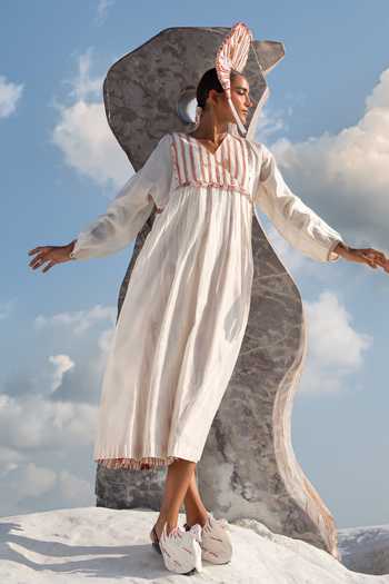 Buy_Ahmev_Ivory Cotton, Chanderi Embroidery, Beads V-neck Su Mon Square Sleeve Dress _at_Aza_Fashions