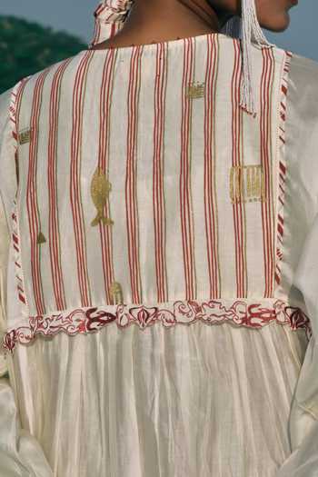 Buy_Ahmev_Ivory Cotton, Chanderi Embroidery, Beads V-neck Su Mon Square Sleeve Dress _Online_at_Aza_Fashions