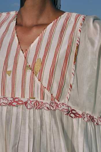 Shop_Ahmev_Ivory Cotton, Chanderi Embroidery, Beads V-neck Su Mon Square Sleeve Dress _Online_at_Aza_Fashions