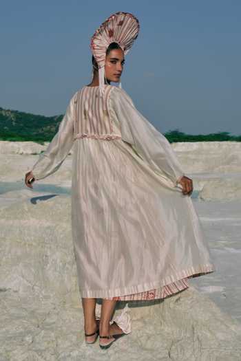 Shop_Ahmev_Ivory Cotton, Chanderi Embroidery, Beads V-neck Su Mon Square Sleeve Dress _at_Aza_Fashions
