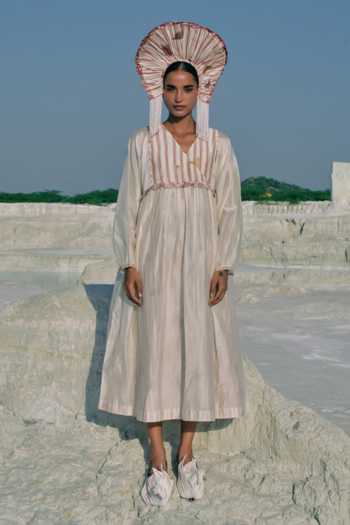 Ahmev_Ivory Cotton, Chanderi Embroidery, Beads V-neck Su Mon Square Sleeve Dress _at_Aza_Fashions