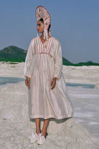 Buy_Ahmev_Ivory Cotton, Chanderi Embroidery, Beads V-neck Su Mon Square Sleeve Dress 