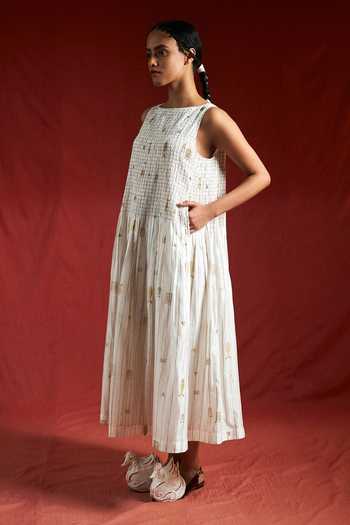 Buy_Ahmev_Ivory Cotton, Chanderi Foil Printing Boat Neck Lay Ruched Dress _Online_at_Aza_Fashions