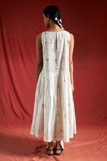 Shop_Ahmev_Ivory Cotton, Chanderi Foil Printing Boat Neck Lay Ruched Dress _at_Aza_Fashions