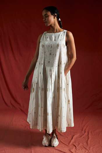 Shop_Ahmev_Ivory Cotton, Chanderi Foil Printing Boat Neck Lay Ruched Dress _Online_at_Aza_Fashions