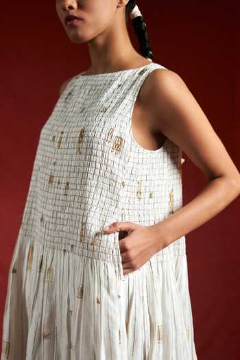 Ahmev_Ivory Cotton, Chanderi Foil Printing Boat Neck Lay Ruched Dress _at_Aza_Fashions