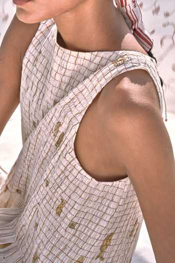Buy_Ahmev_Ivory Cotton, Chanderi Foil Printing Boat Neck Lay Ruched Dress 