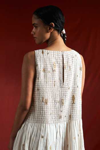 Ahmev_Ivory Cotton, Chanderi Foil Printing Boat Neck Lay Ruched Dress _Online