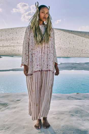 Buy_Ahmev_Ivory Cotton, Chanderi Beads, Tassels, Lace High Neck Chan Box Pleat Dress  _at_Aza_Fashions