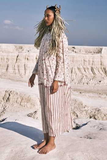 Ahmev_Ivory Cotton, Chanderi Beads, Tassels, Lace High Neck Chan Box Pleat Dress  _Online_at_Aza_Fashions