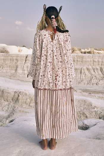Shop_Ahmev_Ivory Cotton, Chanderi Beads, Tassels, Lace High Neck Chan Box Pleat Dress  _at_Aza_Fashions