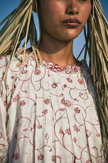 Buy_Ahmev_Ivory Cotton, Chanderi Beads, Tassels, Lace High Neck Chan Box Pleat Dress  _Online_at_Aza_Fashions