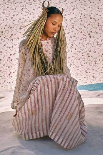 Shop_Ahmev_Ivory Cotton, Chanderi Beads, Tassels, Lace High Neck Chan Box Pleat Dress  _Online_at_Aza_Fashions