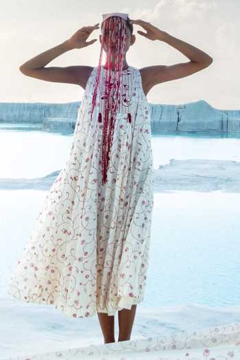 Ahmev_Ivory Cotton, Chanderi Beads Halter Neck Yadana Dress _Online_at_Aza_Fashions