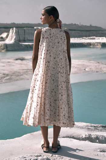Shop_Ahmev_Ivory Cotton, Chanderi Beads Halter Neck Yadana Dress _at_Aza_Fashions