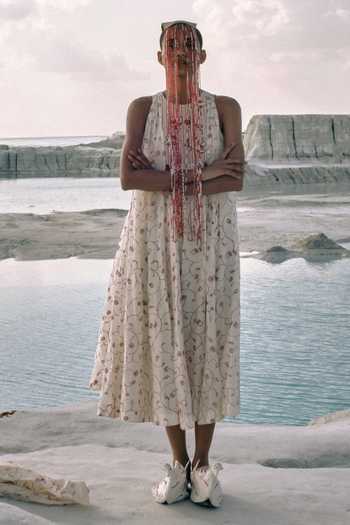Buy_Ahmev_Ivory Cotton, Chanderi Beads Halter Neck Yadana Dress _Online_at_Aza_Fashions