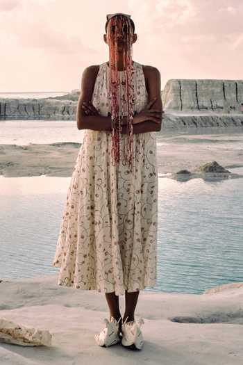 Shop_Ahmev_Ivory Cotton, Chanderi Beads Halter Neck Yadana Dress _Online_at_Aza_Fashions
