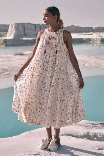 Ahmev_Ivory Cotton, Chanderi Beads Halter Neck Yadana Dress _at_Aza_Fashions