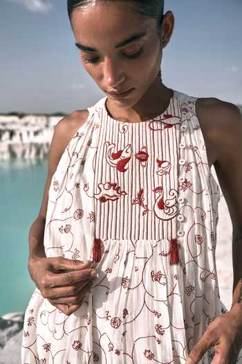 Buy_Ahmev_Ivory Cotton, Chanderi Beads Halter Neck Yadana Dress 