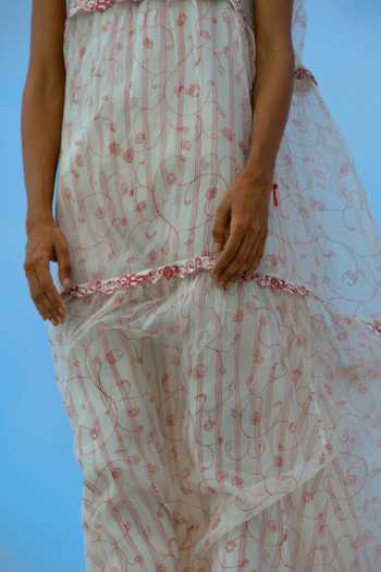 Buy_Ahmev_Ivory Silk Organza, Cotton Embroidery, Beads, Tassels Ei Mon Tiered Dress _Online_at_Aza_Fashions