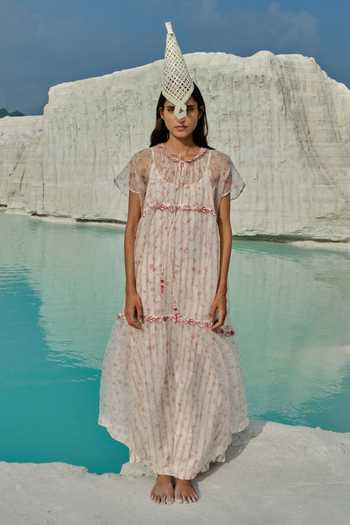 Buy_Ahmev_Ivory Silk Organza, Cotton Embroidery, Beads, Tassels Ei Mon Tiered Dress _at_Aza_Fashions