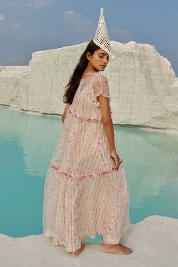 Shop_Ahmev_Ivory Silk Organza, Cotton Embroidery, Beads, Tassels Ei Mon Tiered Dress _Online_at_Aza_Fashions