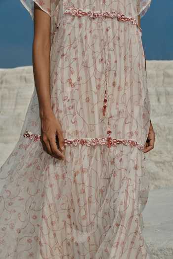 Ahmev_Ivory Silk Organza, Cotton Embroidery, Beads, Tassels Ei Mon Tiered Dress _at_Aza_Fashions