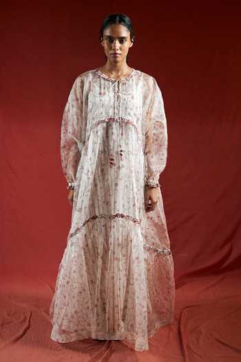 Buy_Ahmev_Gold Silk Organza, Cotton Embroidery, Beads, Tassels Round Thanaya Tier Dress _at_Aza_Fashions
