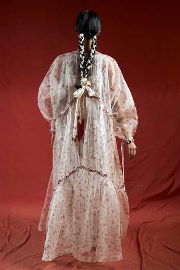 Shop_Ahmev_Gold Silk Organza, Cotton Embroidery, Beads, Tassels Round Thanaya Tier Dress _at_Aza_Fashions