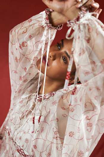 Buy_Ahmev_Gold Silk Organza, Cotton Embroidery, Beads, Tassels Round Thanaya Tier Dress _Online_at_Aza_Fashions