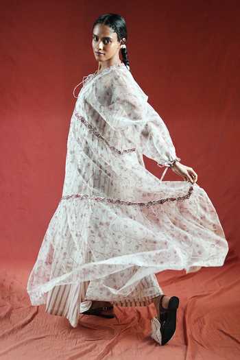 Shop_Ahmev_Gold Silk Organza, Cotton Embroidery, Beads, Tassels Round Thanaya Tier Dress _Online_at_Aza_Fashions