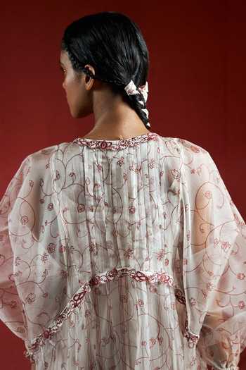 Ahmev_Gold Silk Organza, Cotton Embroidery, Beads, Tassels Round Thanaya Tier Dress _at_Aza_Fashions