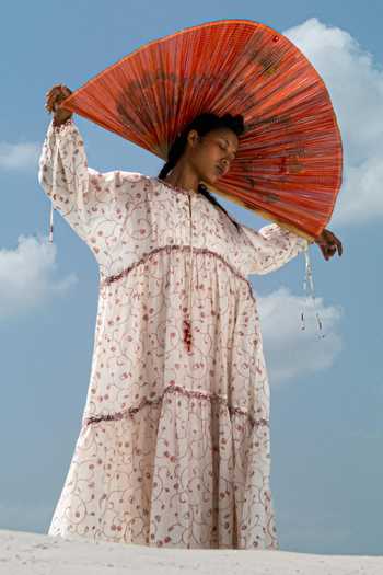 Ahmev_Red Cotton, Chanderi Beads, Tassels Keyhole Neck Min Maw Tier Dress _Online_at_Aza_Fashions